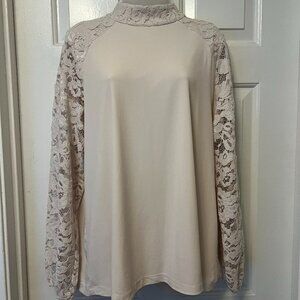 Susan Graver Cream Long Sleeve Lace Blouse